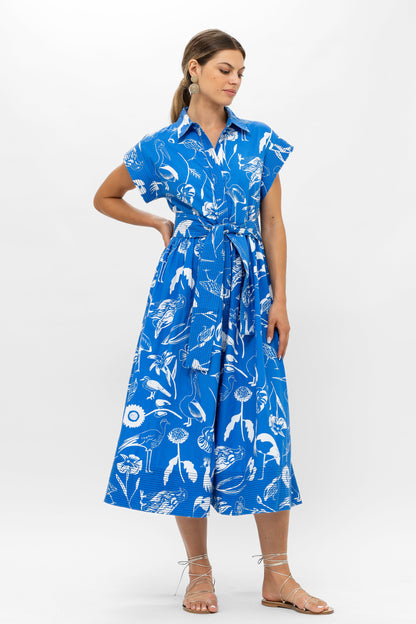 Belted Shirt Dress Midi- Audubon Blue