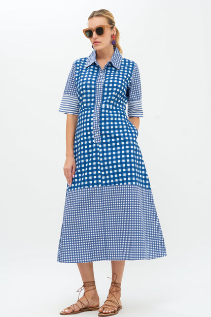 3/4 Shirt Dress Midi- Gingham Navy