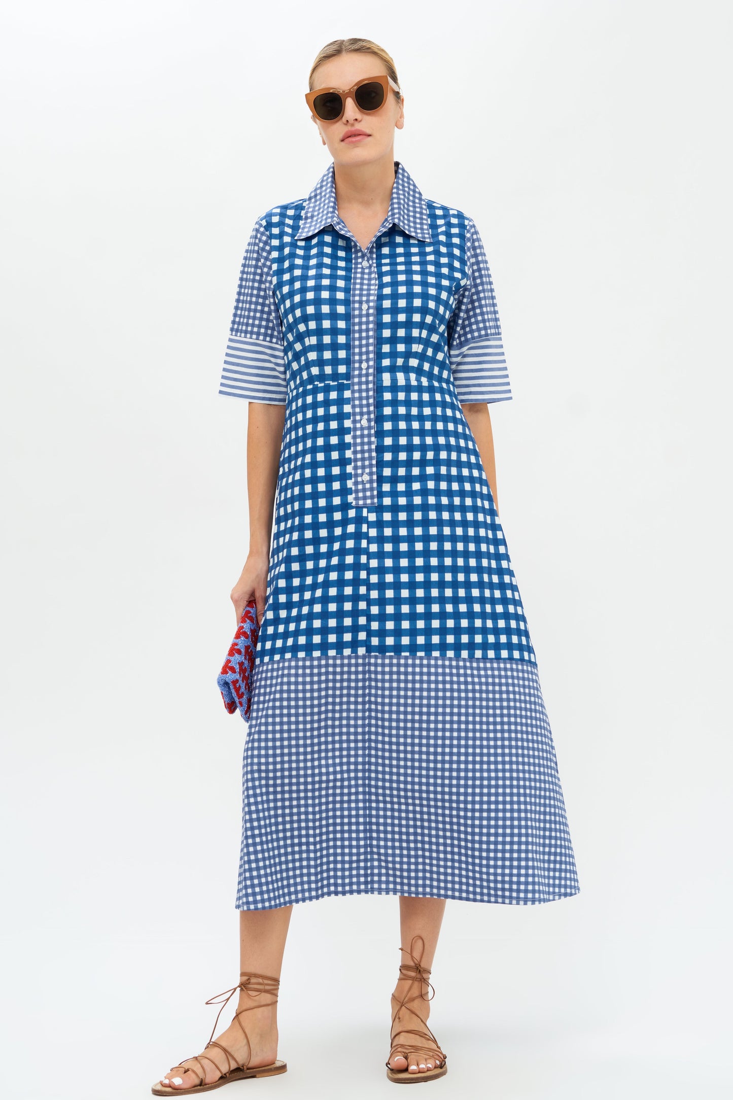 3/4 Shirt Dress Midi- Gingham Navy