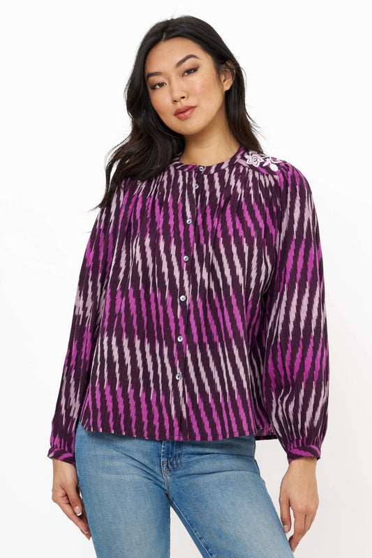 Embroidered Long Sleeve Top- Ikat Purple