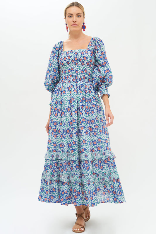 Smocked Top Ruffle Midi- Jardin Blue