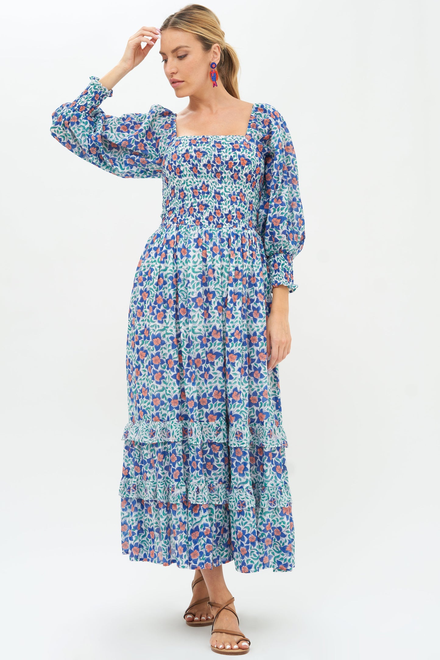 Smocked Top Ruffle Midi- Jardin Blue