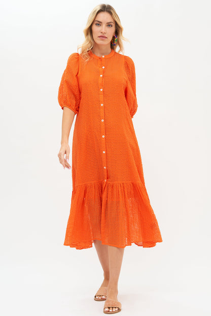 Button Puff Sleeve Midi- Sunset Orange