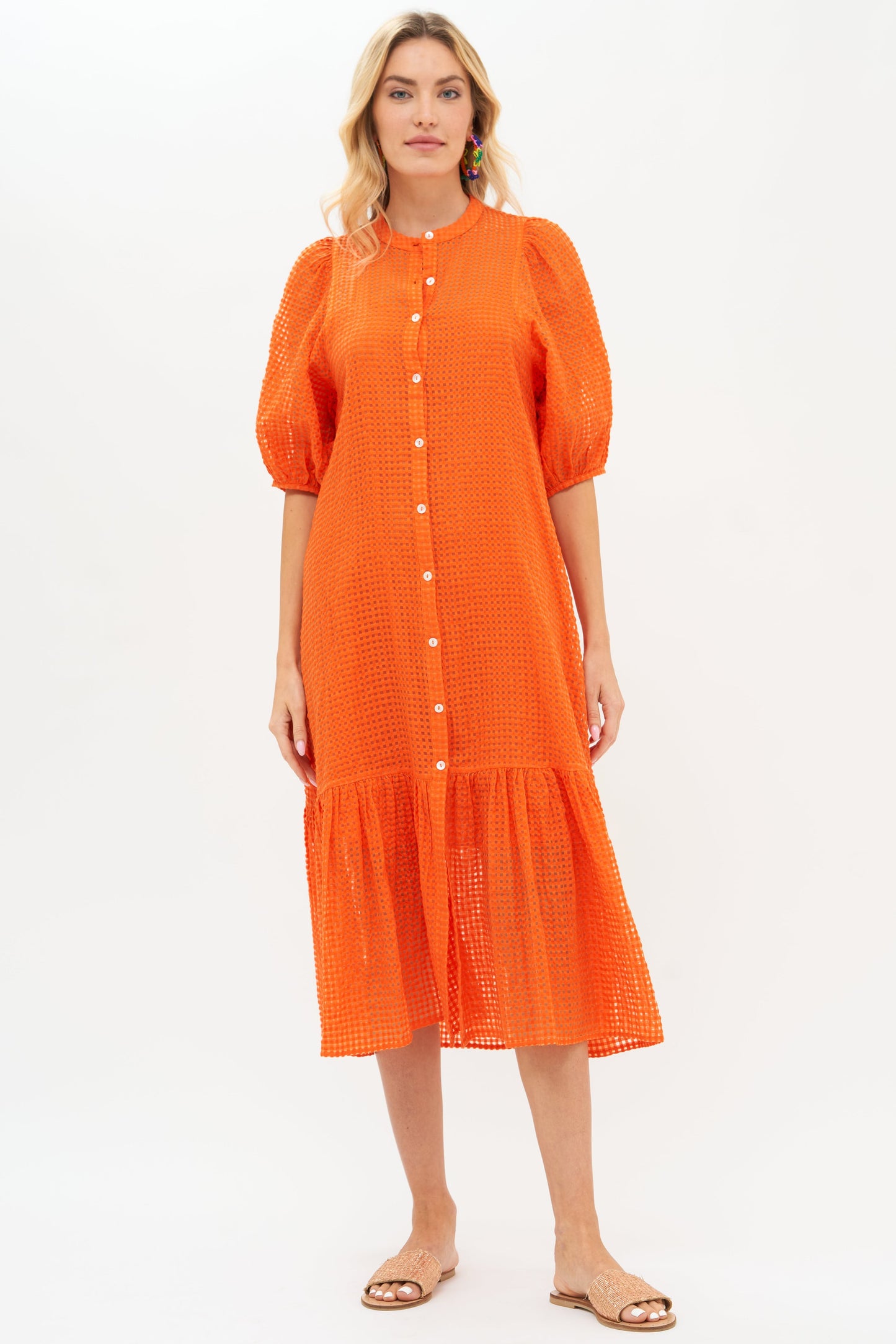 Button Puff Sleeve Midi- Sunset Orange