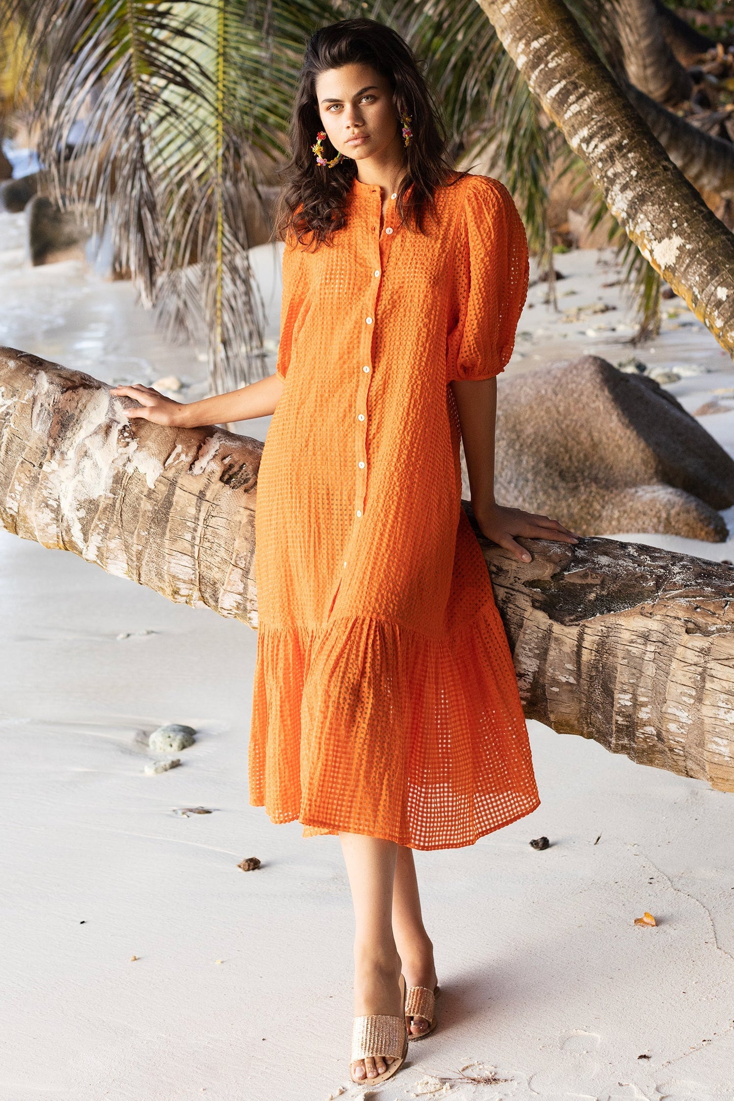 Button Puff Sleeve Midi- Sunset Orange