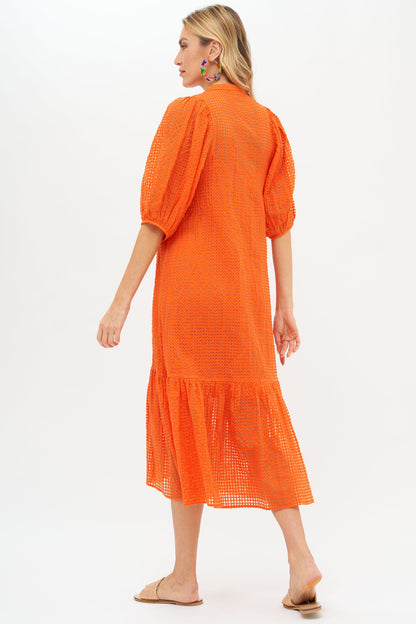 Button Puff Sleeve Midi- Sunset Orange